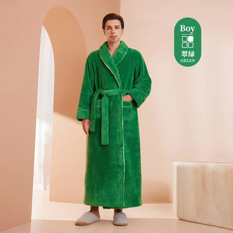 Men's and Women's Styles Winter Bathrobe Long Sleeve Warm Turn Down Collar Fluffy Bath Robe with Sashes Solid Fleece Gown 2025