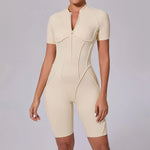 Summer Zipper Short Sleeve Yoga Jumpsuit Women Outerwear Sports Fitness Hip-lifting Backless One-piece Workout Gym Tracksutis