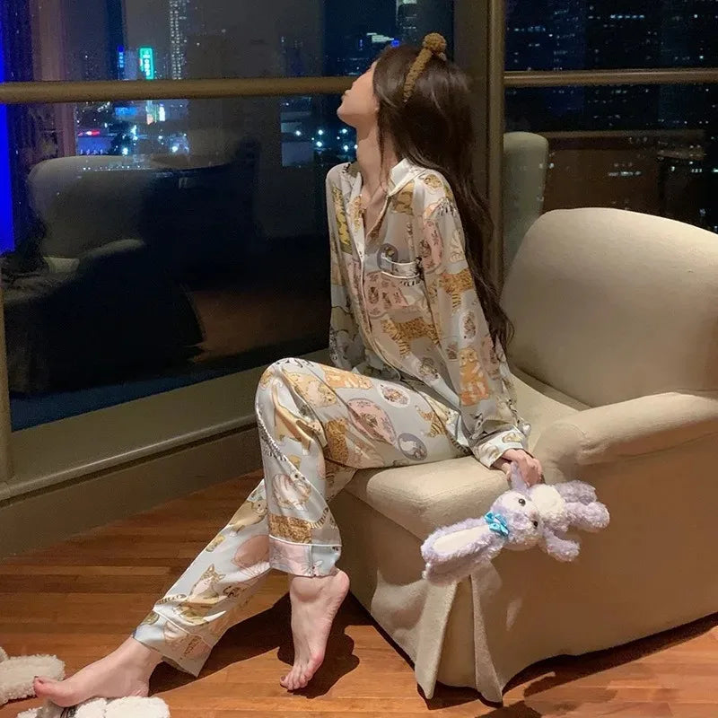 Large Size cartoon Sleepwear Loungewear Women Autumn and Winter Pajamas ladies Long Sleeve Long Trousers nightwear HomeWear 2pcs