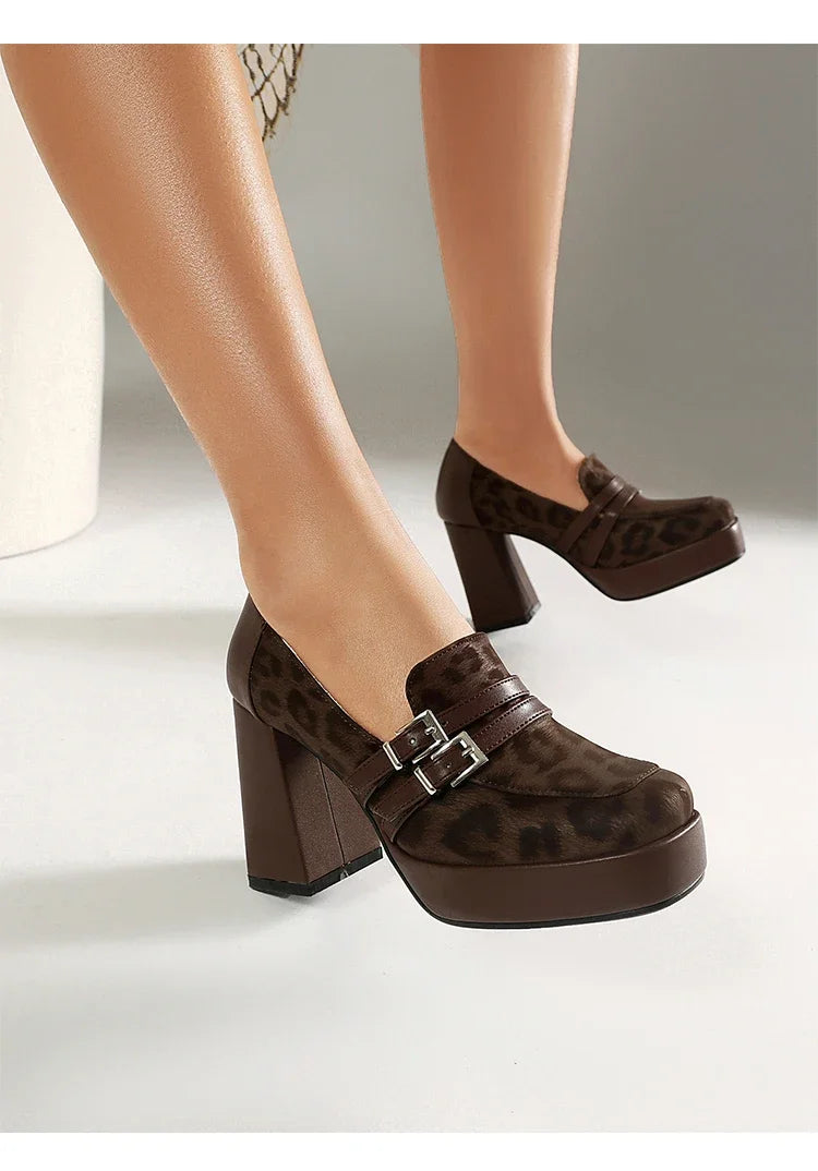 Square Toe Platform Double-Layer Buckle Shallow Sleeve Office Pumps Ultra-High Thick Heel Breathable High Heels