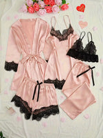 Women's Satin Sleepwear Pajama Set Pink Sexy Lingerie Bath Robe Lace Patchwork Silk Night Dress Trousers Home Clothed Nightwear