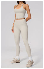 Women Tracksuit 2PCS Seamless Yoga Sets Hanging V Neck Slim Sports Tank Top Fitness Outfits Gym Running High Waist Leggings Suit