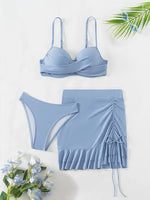 Women's Sky Blue Three Piece Swimsuit Solid Color V-neck Underwire Bikini Set Beach Vacation Suspender Backless Swimwear 2026