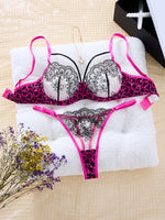 Hot Pink Leopard Print Floral Lace Lingerie Set Underwire Bra With Matching Thong Women Sexy Intimates ZA825120