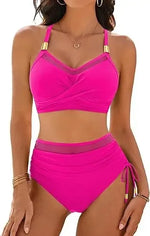 Sexy Fashionable Mesh Splice Drawstring Ladies Bikini Set Swimsuit New High Waist Trending Swimsuit Beach Bathing Suit