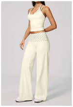 Women's 2 Piece Yoga Set Halter Neck Crop Top Fold Over Waist Wide Legged Flare Trousers Polka Dot Striped Gym Workout Running
