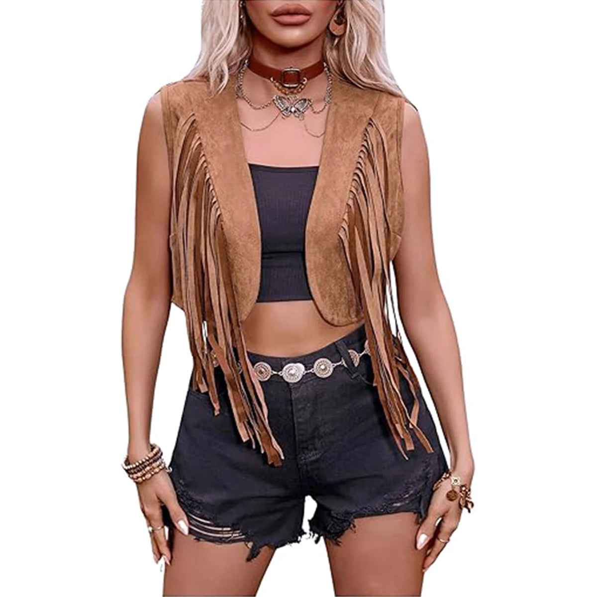 Women's Cowgirl Tassel Vest Coat Western style Sleeveless Open Front Cardigan Tops Jackets 70s Hippie Waistcoat