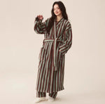 Thickened Flannel Robe Pants Pajamas Set Autumn Winter New Couple Coral Velvet Women Men Bathrobe Striped Lengthed Home Clothes