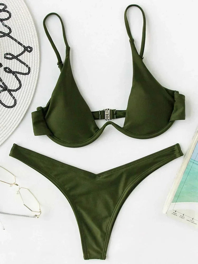 High Cut V-bar Underwired Bikini Women Swimsuit Female Micro Thong Swimwear Two-pieces Bikini Set Push Up Bathing Suit Swim Lady