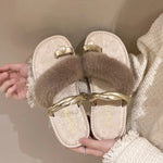 Sweet French Plush Slippers Casual Pearl Flat Flip-flops Anti-slip Fluffy Plush Sandals Slippers Summer