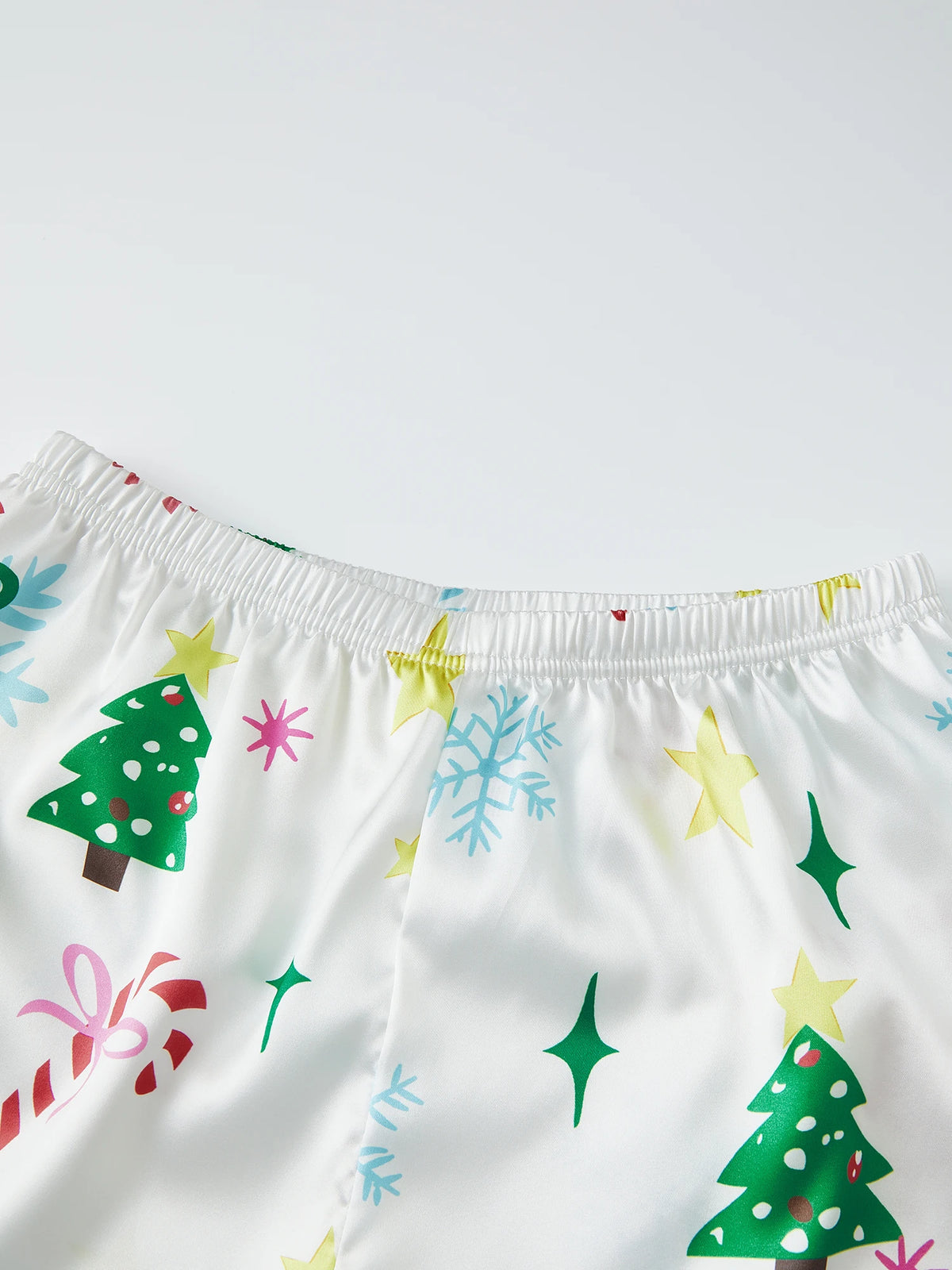 Women's Christmas Satin Pajama Set Long Sleeve Lapel Santa Claus/Christmas Tree Print Shirt Shorts Two Pieces Sleepwear
