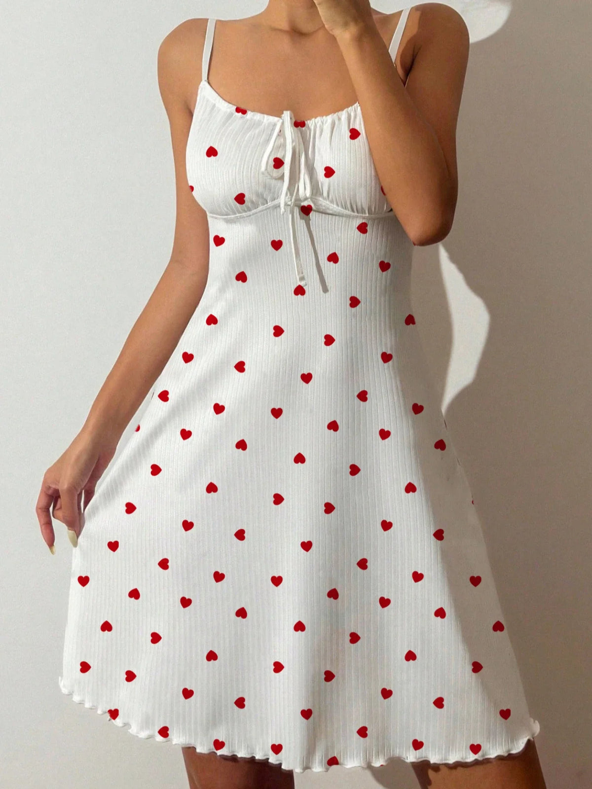Women’s Heart Print Nightdress Sexy Spaghetti Strap Pajama Dress Sleeveless Lace-Up Cute Slim Fit Sleepwear