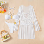 sexy white bandeau metal flower bikinis sets 3pcs with mesh long sleeve wrinkled tie mini dress swimsuit bathing suit biquini