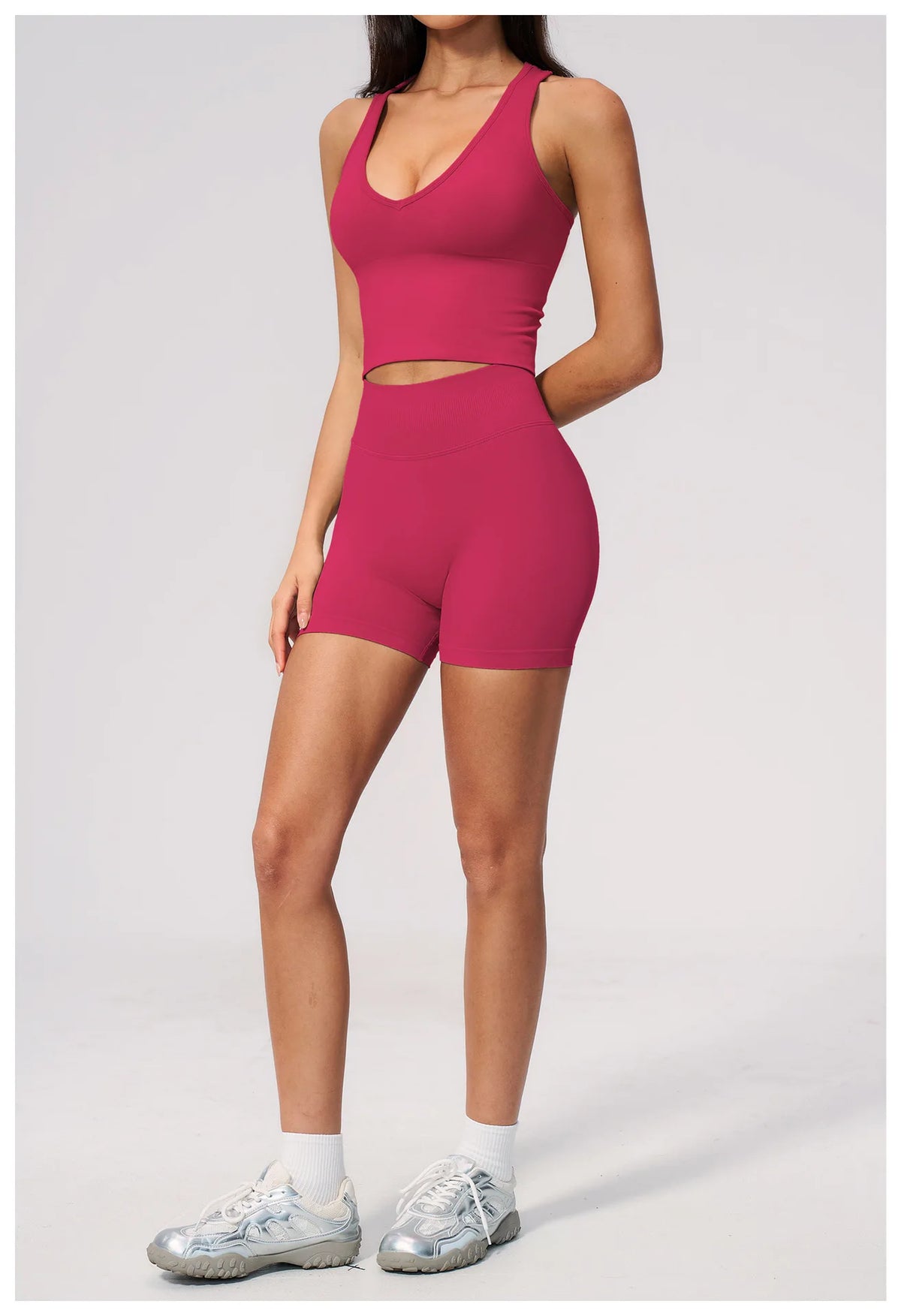 Seamless Yoga Sets Women Breathable V Neck Shockproof Sports Vest Fitness Suit Outwear High Waist Shorts Training Fitness Suit