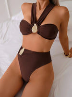 Sexy Brown Women's Swimsuit Halter Metal Water Droplet Push Up Two Piece Bikini Set 2025 Bathing Suit Pleate High Waist Swimwear
