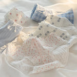 1 Pack Cotton Floral Print Ruffled Panties Women's Mid Waist Underwear Kawaii Briefs Cotton Lingerie Skin-friendly M-XL
