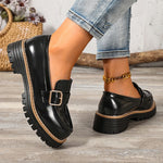 Fashion Buckle Patent Leather Loafers Women Plus Size 43 Round Toe Thick Heel Pumps Woman Thick Bottom Work Office Shoes Ladies
