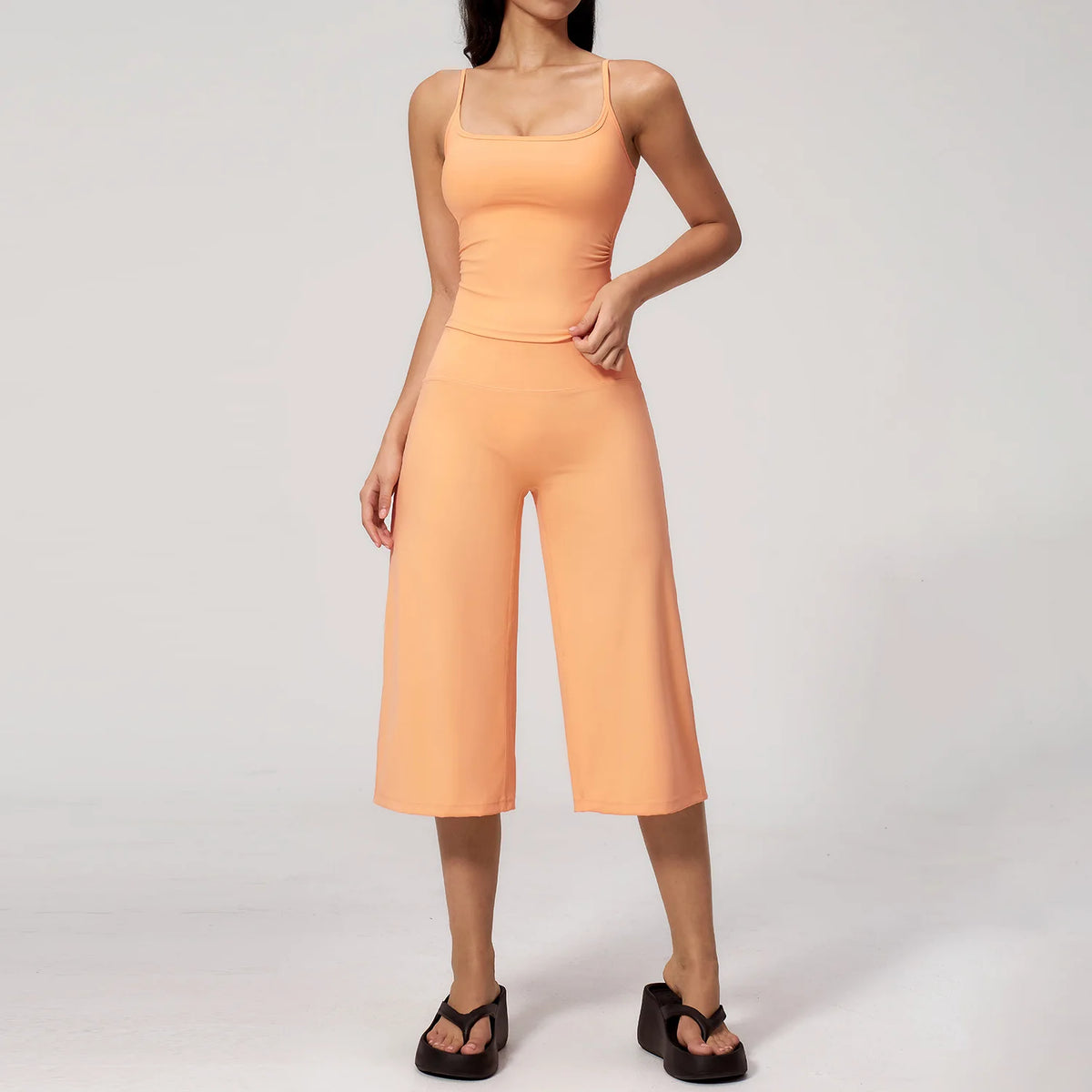 Gym Workout Yoga Sets Women Square Neck Slimming Sports Tank Top Fitness Gym Suit Outdoor High Waist Flare Pants Two-piece Set