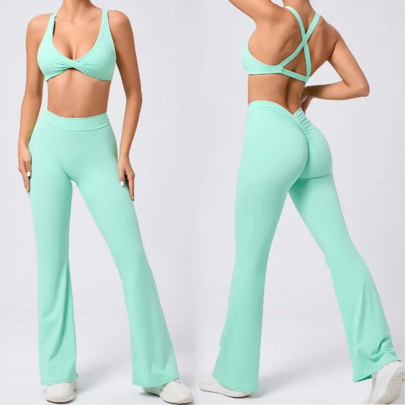 Women's Seamless Yoga Sets Brushed Fabric Flared Hip-Lifting Pants Cross Beauty Back Bra Suits Gym Workout Fitness Training Sets