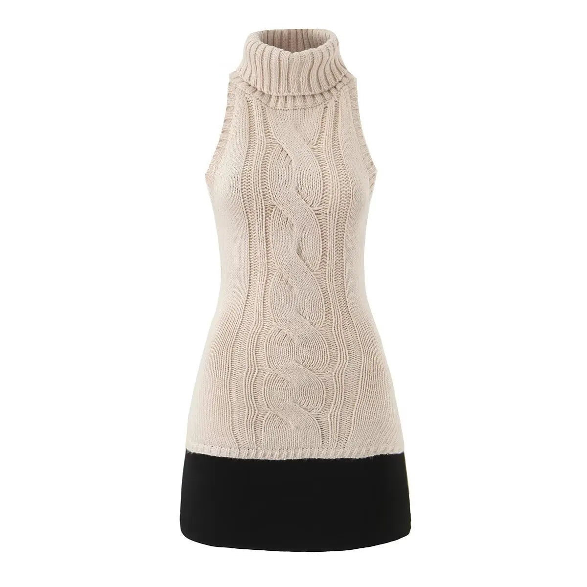 Women's Fashion Patchwork Knitted Dress Knit Sleeveless Dress Bodycon Fit With Contrast Black Hem Cozy Winter Mini Dress CR01