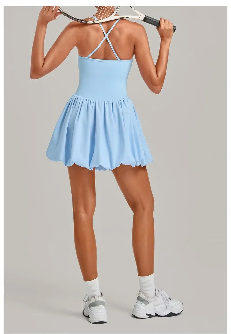 Women's Tennis Skirt Dress Sports Fitness Golf Beautiful Back Slim-fit One-Piece Training Workout Gym Anti-exposure Yoga Dress
