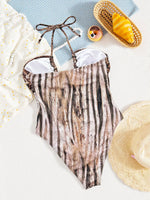 Sexy Brown Leopard Print Swimwear 2026 Women Metal Ring Linked Hollow Out Bandage Cross Bathing Suit One Piece Swimsuit Monokini