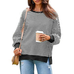 Long Sleeve Crewneck T-Shirt Split Hem Women Striped Oversized Sweatshirt Waffle Knitted Tunic Top Casual Women Sweater