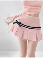 Striped Contrasting Color Bow Lace Splicing Pleated Skirt Women 2026 Summer American Style Low WaistA-line Short Skirt UBFK