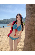New Blue Plaid Bikini Set Cute Sea Vacation Four-Piece Suit Separate Design High Quality Girls Pure Desire Cross-Border Item