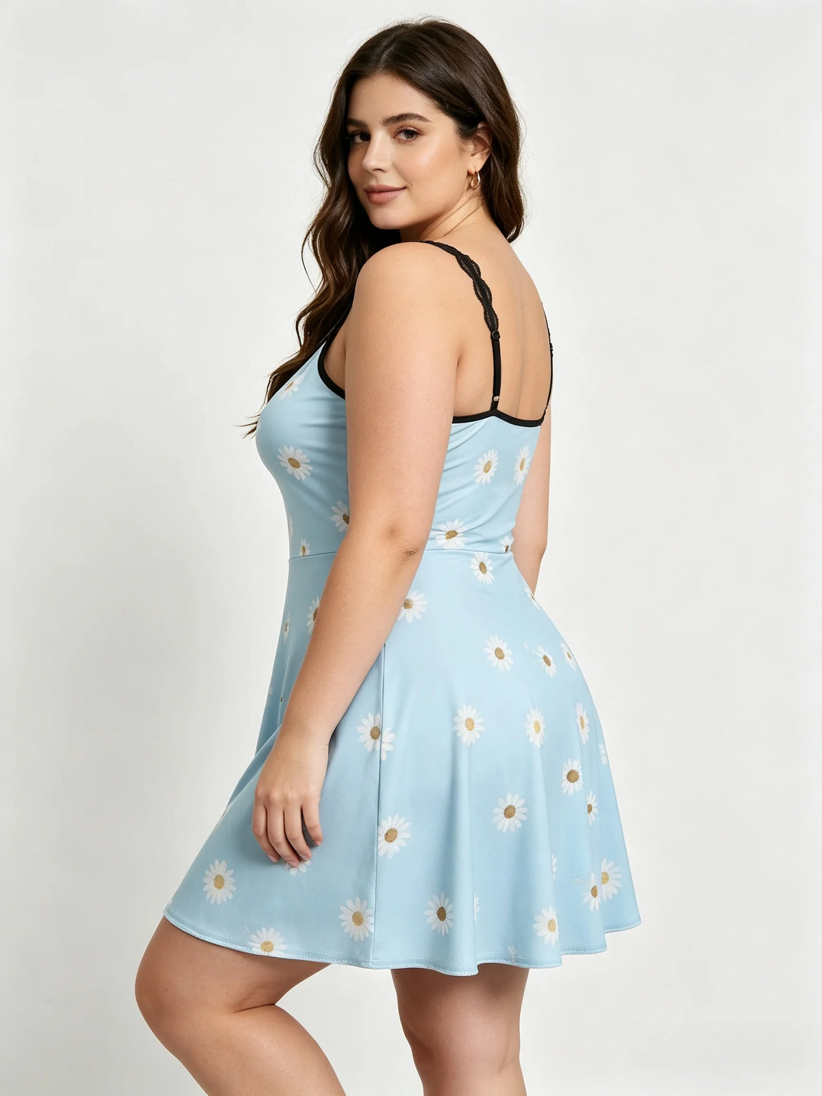 Plus Size Daisy Print Nightgown Women Lace Trim Bow V Neck Slip Dress Soft Mini Sleep Dress Summer Casual Ladies Lingerie Nightw