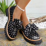 Women Polka‑Dot Bow Platform Loafers Round‑Toe Slip‑On Lug‑Sole PU Leather Contrast Stitching Vintage Casual Daily Shoes
