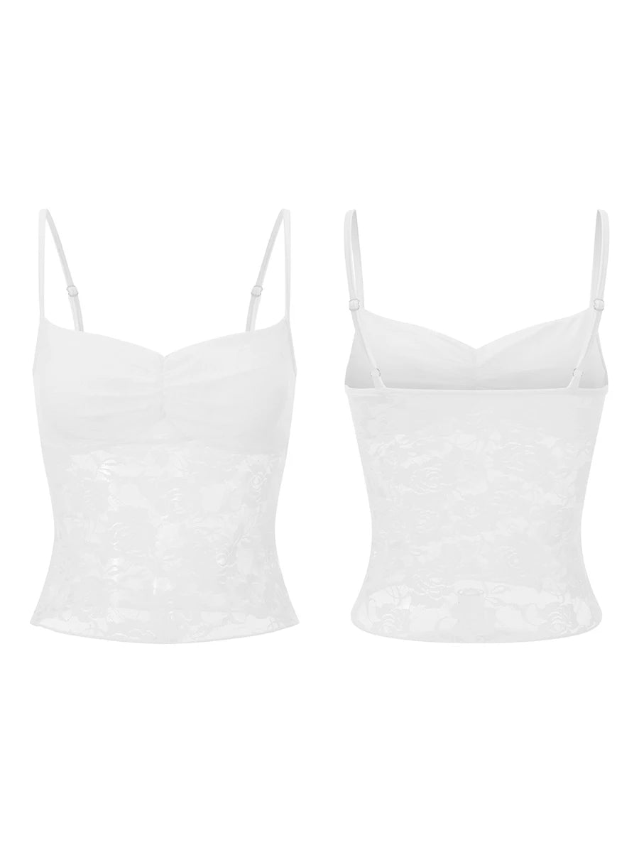 Women's Lace Cami Tops Sleeveless Ruched Front Solid Color Camisole Slim Fit Tank Tops Summer