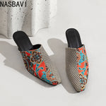 NASBAVI New Breathable Hollow Slippers Stone Pattern Leather Pumps Women Chunky Heels Mules Black Dress Shoes Big Size 45 46 47