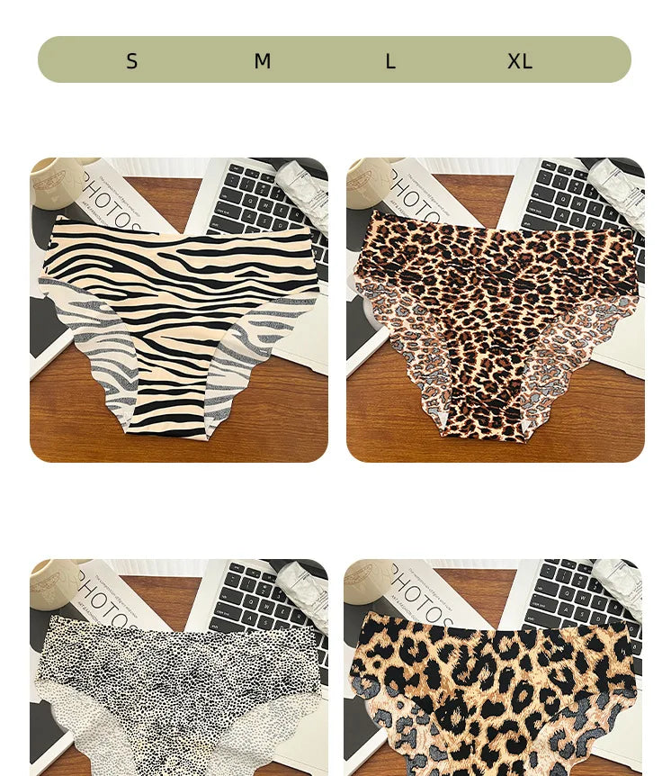 1pcs Seamless Panties Ladies Leopard Print Sexy Underwear Zebra Stripe Briefs Ice Silk Panty Invisible No Trace Solid Underpants
