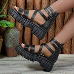 Roman Style Hollow Thick Heel Sandals Women's Large Size Slip-On Beach Sandals PU Material Comfortable Breathable Ladies Shoes