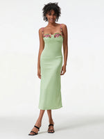 Satin Sling Bodycon Long Dress Women Flower Embroidery Sleeveless Spaghetti Strap Cocktail Dress Summer Party Club Skinny Dress