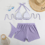 Sexy Purple Thong Bikini with Shorts Women Three Pieces Swimsuit Brazilian Swimwear Female Beachwear Halter Bathing Suit Outfit