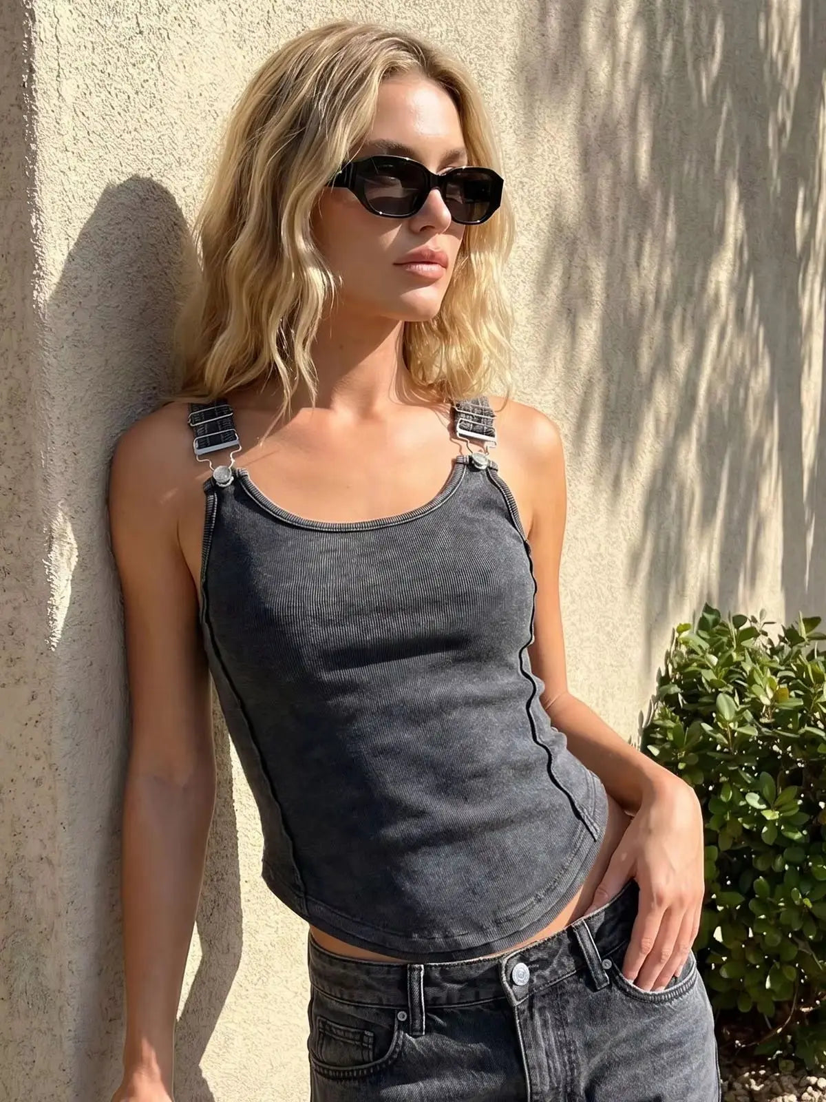 Summer Women's Solid Ribbed Tank Tops Stylish Sleeveless U Neck Camisole with Metal Buckle Straps Gothic Punk Vest