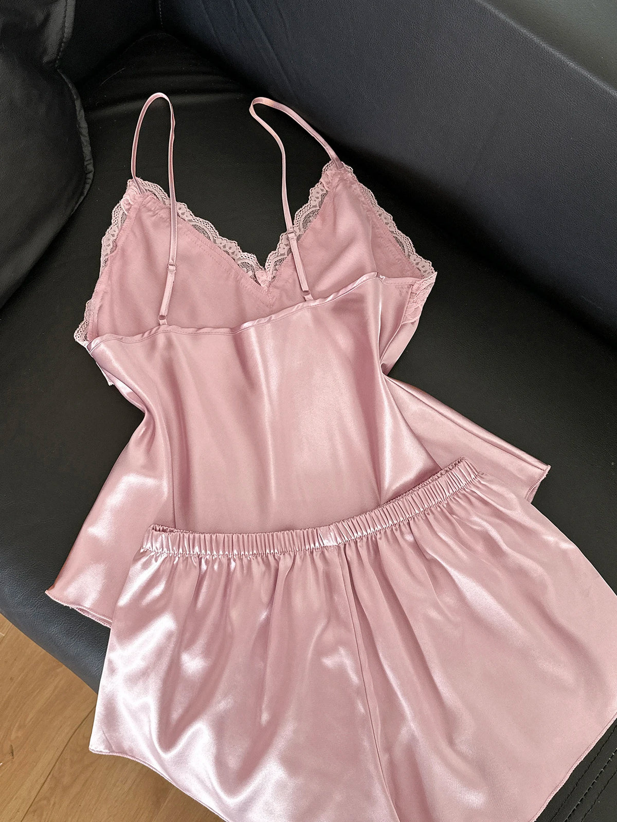Women's 2 Piece Satin Pajama Set Pink Lace Trim V-Neck Cami Top and Shorts Elegant Sexy Sleepwear Solid Loungewear for Summer