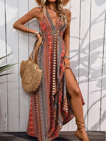 Bohemian Style Print Sleeveless Long Dresses Women Summer V-neck Backless Leace-up Slit Dress Casual Lady Vacation Vestidos
