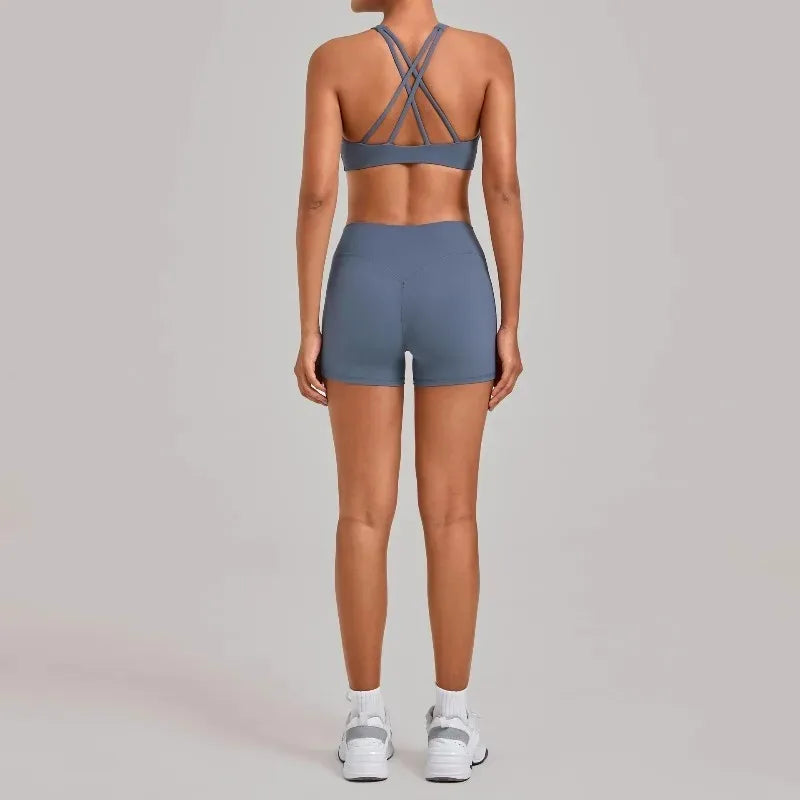 Women's Nude Yoga Sets Sports Cross Beauty Back Bra Hip-lifting Slim Fit Shorts Suits Running Fitness Workout Gym Sets