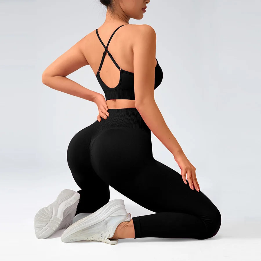 2 pcs/set Seamless Tight Pants Set Rose Red Tank Top Outfit Women's Clothing BreathableTrousersAthleisure Fitness Pants