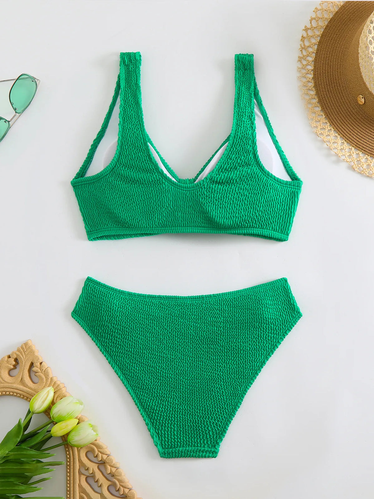 2026 Summer New Women's 2 Piece Swimsuit Solid Color High Waist Bikini Set V-neck Backless Beach Vacation Bathing Suit Swimwear