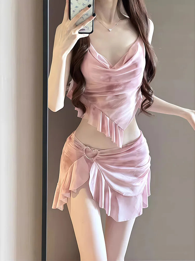 New Korean Style Bikini Set Women Pink Gradient Ruffles Push Up Mesh Skirt 3 Piece Swimsuit Summer Bathing Suit Holiday Swimwear