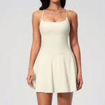Women Tennis Dress with Shorts Pocket Square Neck Hollow Back Sleeveless One Piece Sports Outfit Fitness Pleate Mini Dresses