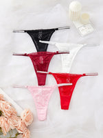 New Women Lace Trim Thong Panties Silver Ribbon Panel Low Rise Sexy G-string Breathable Stretch Skin Friendly Intimate Underwear