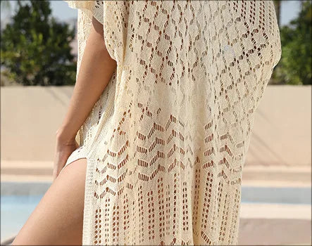 Sexy Hollow Out Beach Cover Up Women Blue White Knitted Crochet Tunic Mini Dress Short Sleeve V Neck Loose Cover-ups Beachwear