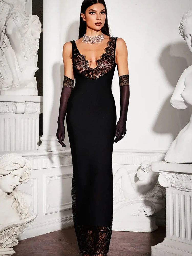 Ahagaga Lace Women's Party Maxi Dresses Solid Skinny V-Neck See Through Camisole Blackless Bodycon Sleeveless Vestidos Robes