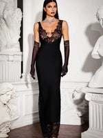 Ahagaga Lace Women's Party Maxi Dresses Solid Skinny V-Neck See Through Camisole Blackless Bodycon Sleeveless Vestidos Robes