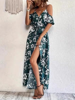 New Summer Women Print Dress 2025 Fashion ElegantVacation Party Short Sleeve Slim V-neck Slit Long Dresses Vestidos Para Mujer